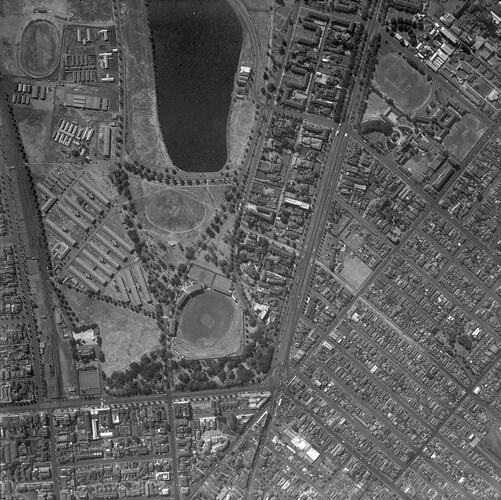 Negative - Aerial View of Albert Park Lake, Victoria, 28 Feb 1956