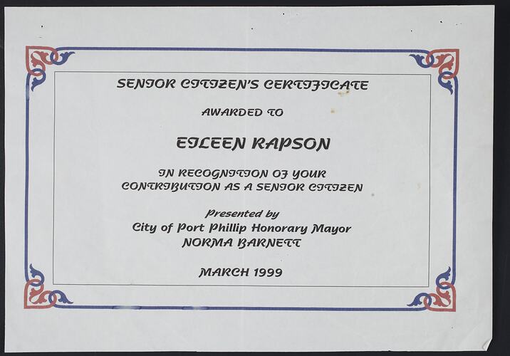 Certificate, Melbourne, Southeast, Victoria, Australia, Mar 1999