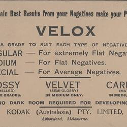 Label - Kodak Australasia Pty Ltd, 'Velox', circa 1927 - circa 1934
