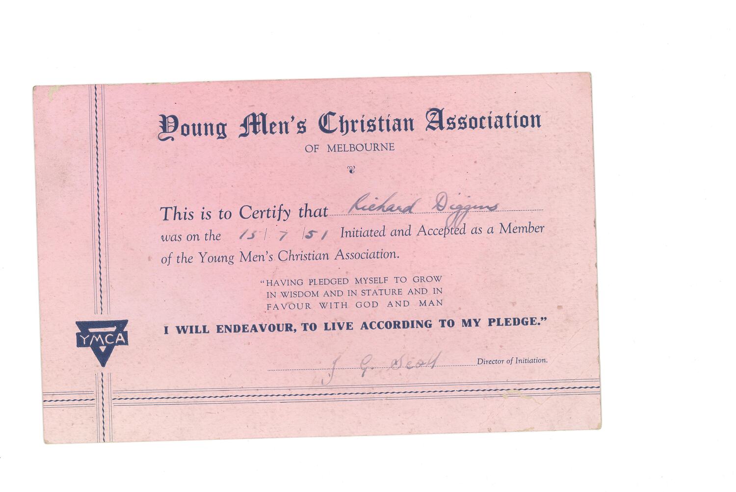 Certificate Membership YMCA Melbourne 1951