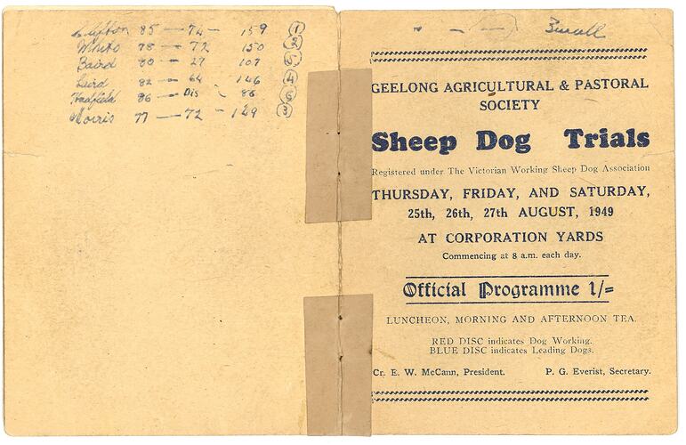 Program - Geelong Agricultural & Pastoral Society, 'Sheep Dog Trials', 1949