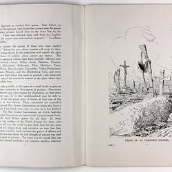 Open book page with printed text on right page and illustration of grave mound and upright gun on left page.