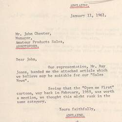 Letter - A.Thomas to John Chester Re Sales News Ideas, 11 Jan 1961