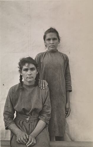 Portrait of Julie Colley and another girl taken at The Bungalow mission, Alice Springs, Northern Territory, c.1923.