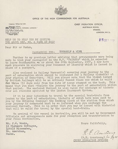 Letter - British Assisted Passage Scheme, John & Barbara Woods, Australia House, London, 16 Sep 1957