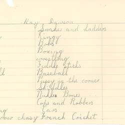 Document - Ray Dawson, to Dorothy Howard, List of Games, 1955