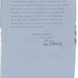 Letter - Ron Edwards, to Dorothy Howard, Receipt of Dr Howard's Publications & Provision of Interesting Research Material, 10 Oct 1958