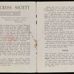 Booklet - Red Cross Society, Goods Needed for War Effort, Australian Branch, World War I, circa 1914, Pages 2-3