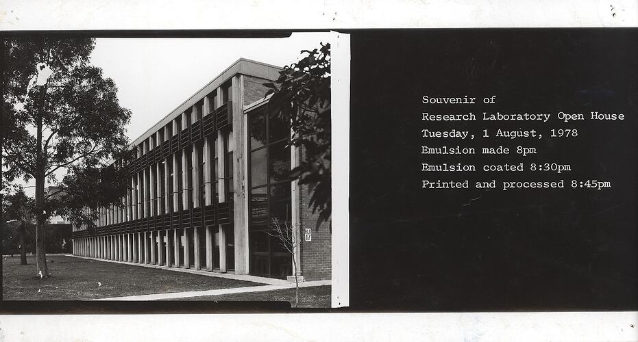 Leaflet with text and monochrome photograph of building exterior.