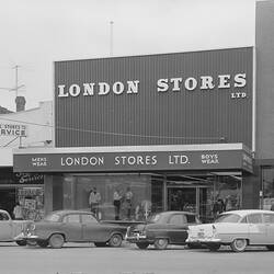 Negative - Exterior of London Stores Ltd, Dandenong, Victoria, 06 Oct 1960