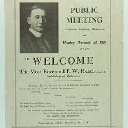 Proceedings - 'Public Meeting to Welcome The Most Reverend F. W. Head,  Archbishop of Melbourne', Exhibition Building, Melbourne, 23 Dec 1929