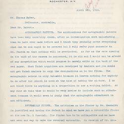 Letter - George Eastman to Thomas Baker, 05 Apr 1915