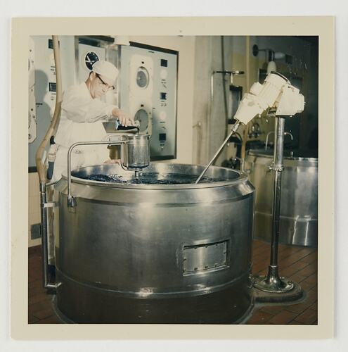 Slide 141, Worker at Emulsion Kettle, Kodak Factory, Coburg, 'Extra Prints of Coburg Lecture' album, circa 1960s