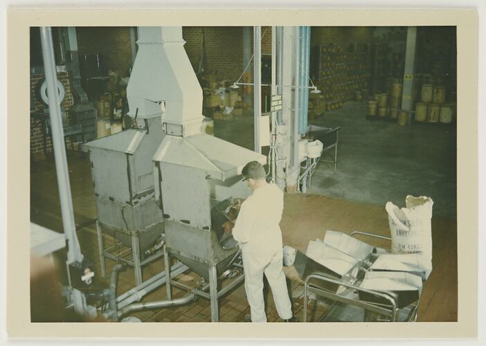 Slide 293, 'Extra Prints of Coburg Lecture', Emptying Powdered Chemicals Into Hopper, Building 20, Kodak Factory, Coburg, circa 1960s