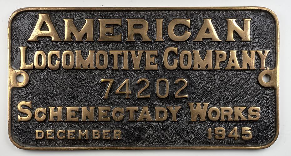 Locomotive Builders Plate - American Locomotive Co., Schenectady Works, USA, 1945