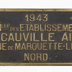 Locomotive Builders Plate - Decauville, Marquette-lez-Lille, France, 1943