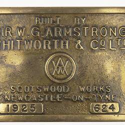 Locomotive Builders Plate - Armstrong Whitworth & Co, Scotswood Works, England, 1925