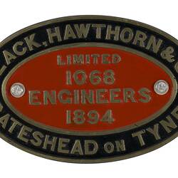 Locomotive Builders Plate - Black, Hawthorn & Co., Gateshead on Tyne, England, 1894