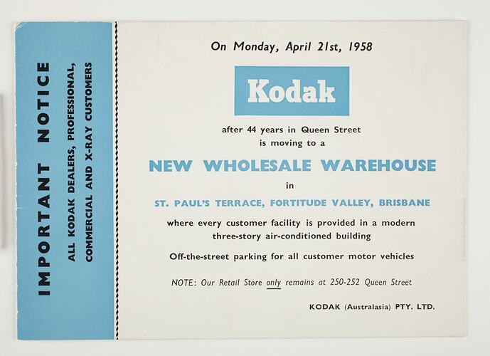 Invitation - Kodak Australasia Pty Ltd, Invitation to New Kodak Premises at St Paul's Terrace, Brisbane, April 1958, Obverse