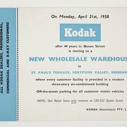 Invitation - Kodak Australasia Pty Ltd, Invitation to New Kodak Premises at St Paul's Terrace, Brisbane, April 1958