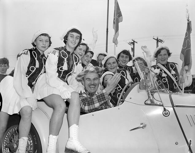 General Television Corporation Pty Ltd, Performers in a Motor Car, Melbourne Showgrounds, Flemington, Victoria, Nov 1958