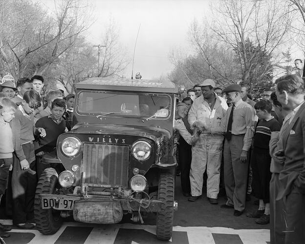 Willys Motor Car at Finish Line, Mobilgas Trial, Melbourne, Victoria, Sep 1958