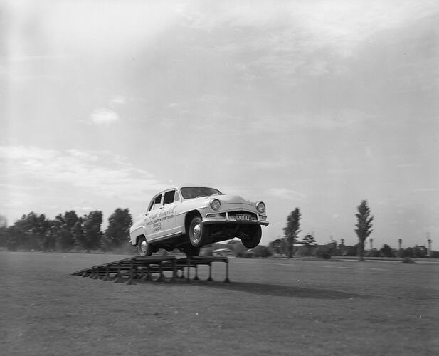 Crash Campbell' Stunt Car Launching from a Ramp, Melbourne, Victoria, 1956