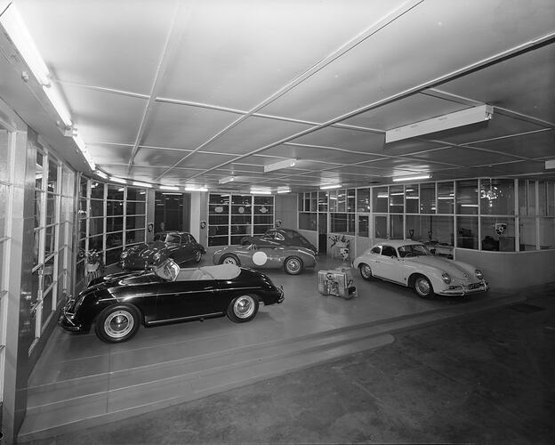 Volkwagens in Motor Car Showroom, Richmond, Victoria, Oct 1958