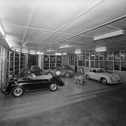 Negative - Volkwagens in Motor Car Showroom, Richmond, Victoria, Oct 1958