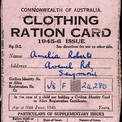 Ration Card - Amelia Roberts, Clothing, Commonwealth of Australia, 1945-1946
