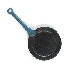 Round toy frying pan with blue handle.