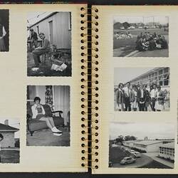 Open photo album with off white pages with ten black and white photographs.