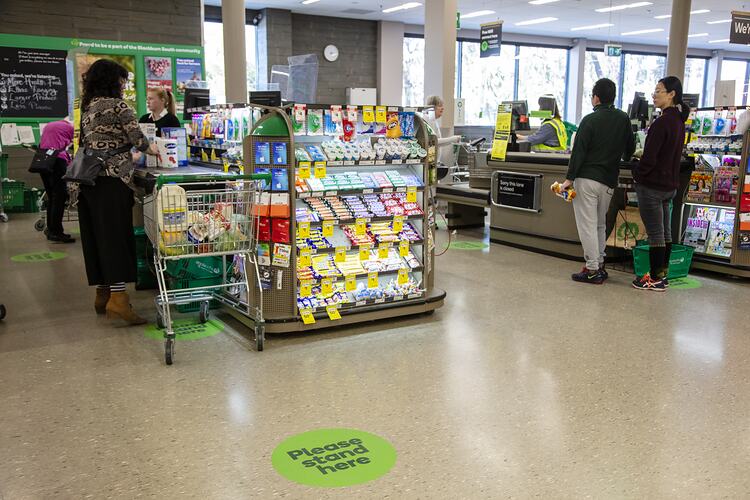 Customers Using Social Distancing Floor Markers at Checkouts, Woolworths, Blackburn South, 18 May 2020