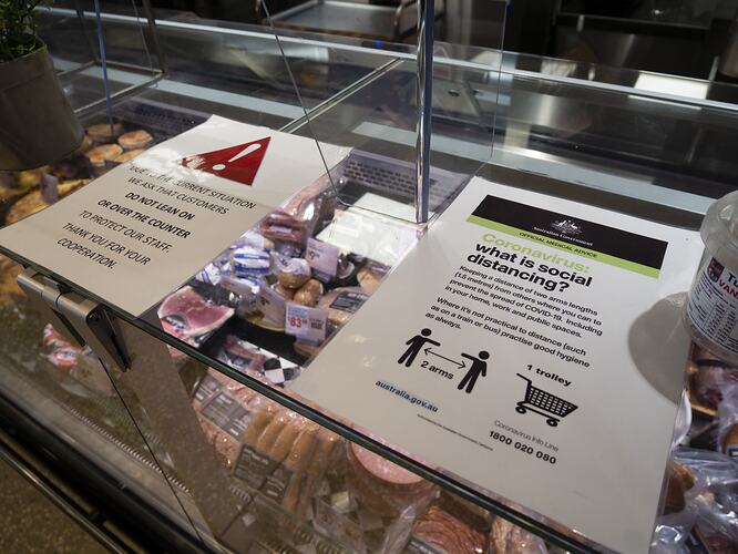 Social Distancing Information Notice & Sneeze Screen at Delicatessen, Creswick IGA Plus Liquor Store, Creswick, 29 May 2020