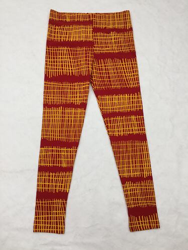 Red cotton knit stretchable legging with orange cross hatch pattern.