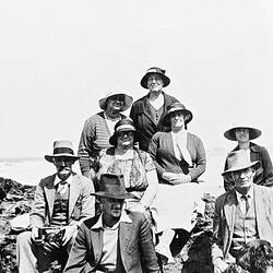 Negative - Group of Eight Men & Women Sitting on Rocks at the Beach, Torquay, Victoria, circa 1930