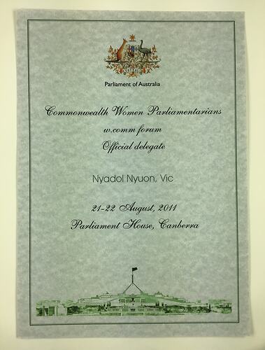 Certificate - Nyadol Nyuon, Delegate, Commonwealth Women Parliamentarians Forum, Parliament House Canberra, 21-22 Aug 2011