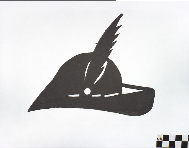 Two-dimensional acrylic drawing of black hat, with feather.