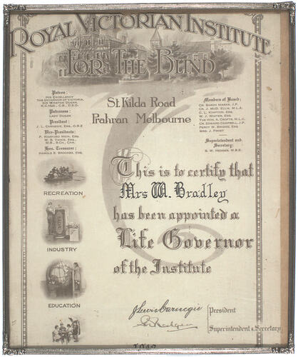 Certificate - Life Governor, Royal Victorian Institute for the Blind, Issued to Mrs Bradley, 1942