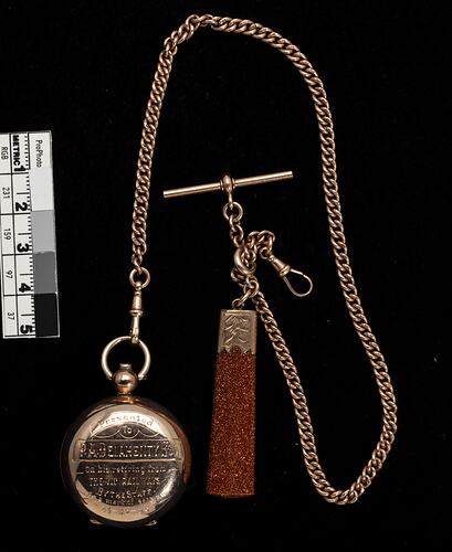 Gold fob chain with 'T' attached to rectangular goldish brown fob pendant. Attached at other end is a round gold engraved sovereign case.