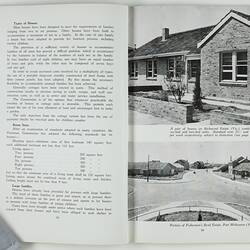 Open booklet with white pages and black printing. Houses on right page.