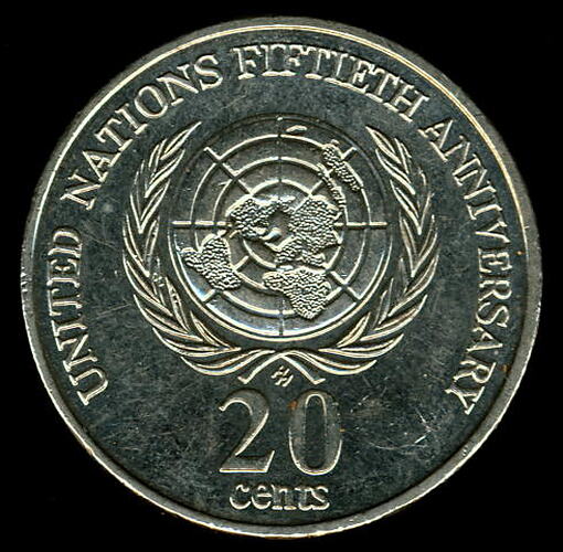 Coin - 20 Cents, United Nations 50th Anniversary, Australia, 1995