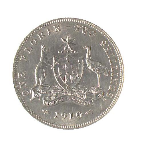 Coin - Florin (2 Shillings), Australia, 1910, photographed by Museums Victoria