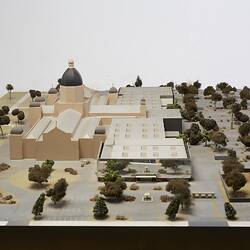 Architectural model of Royal Exhibition Building, Carlton Gardens with fountains, carpark and annexes.
