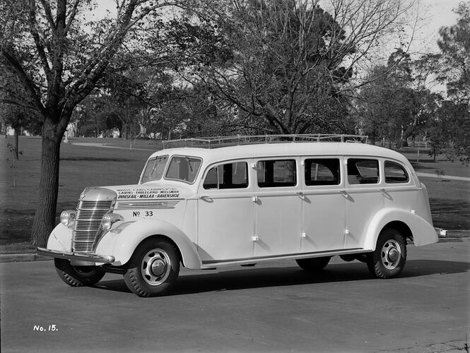 Motor bus with roof rack parked on roadway beside parklands.