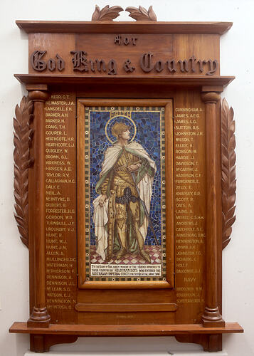 Ornate carved wooden honour board. Central mosaic of knight. Gold names listed each side.
