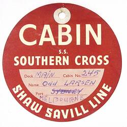 Baggage Label - Shaw Savill Line "Cabin ss Southern Cross" (with handwriting "Odd Larsen, Melbuorne")