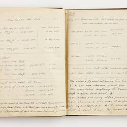 Open book with off white ruled pages. Handwritten text.