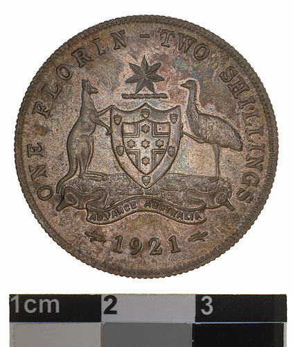 Specimen Coin - Florin (2 Shillings), Australia, 1921, photographed by Museums Victoria