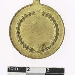 Round gold coloured medal with wreath.